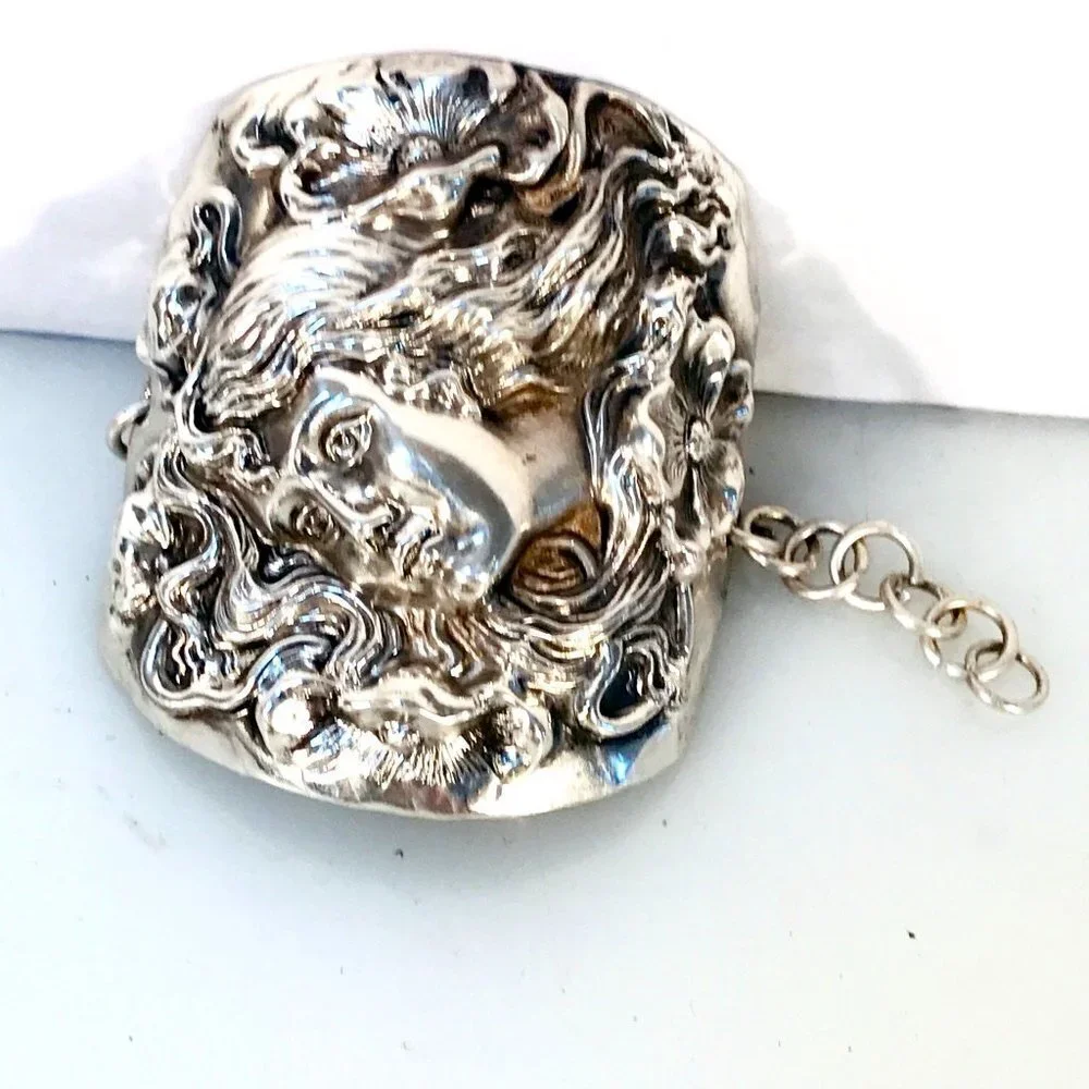 Rare Antique Goddess Sterling Silver Cuff Bracelet Victorian 925 Medusa Nouveau